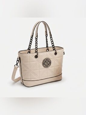 Quilted Cream Tote Bag with Black Trim